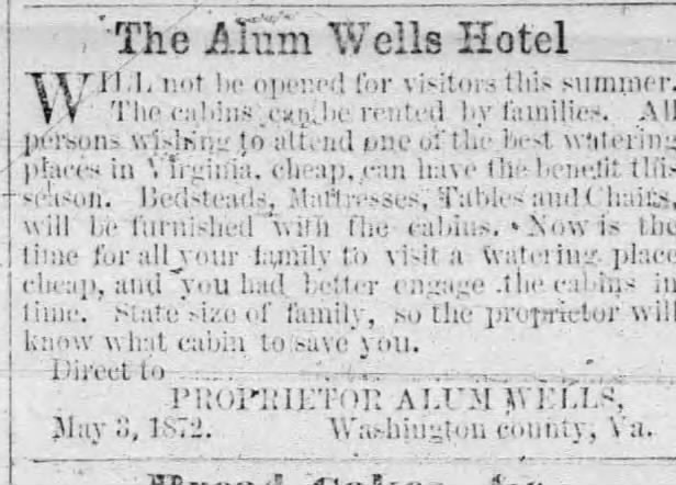 Alum Wells VA 1872 Hotel Ad